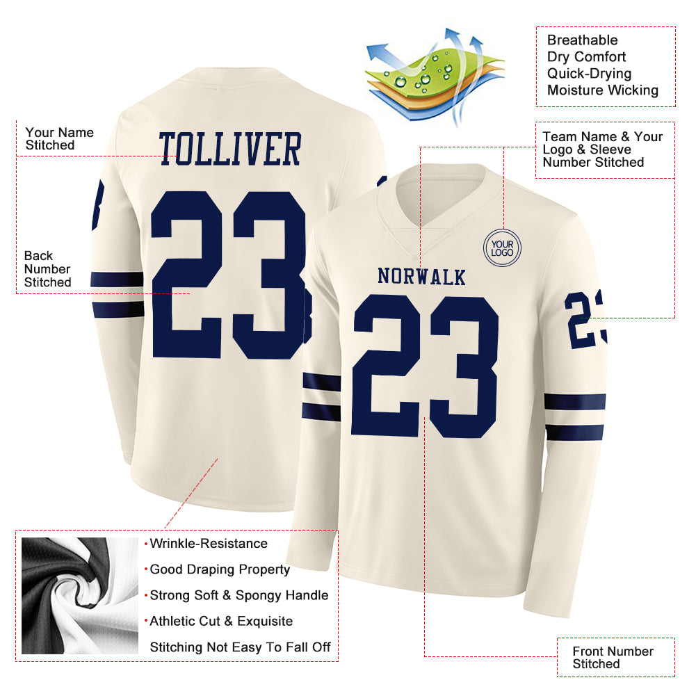 Custom Cream Navy Long Sleeve Authentic Football Jersey