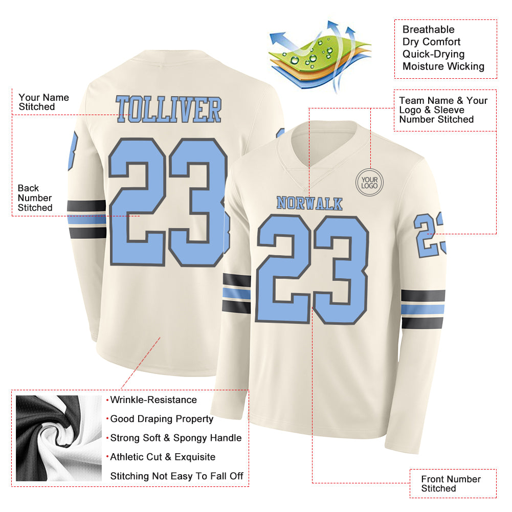 Custom Cream Light Blue-Steel Gray Long Sleeve Authentic Football Jersey