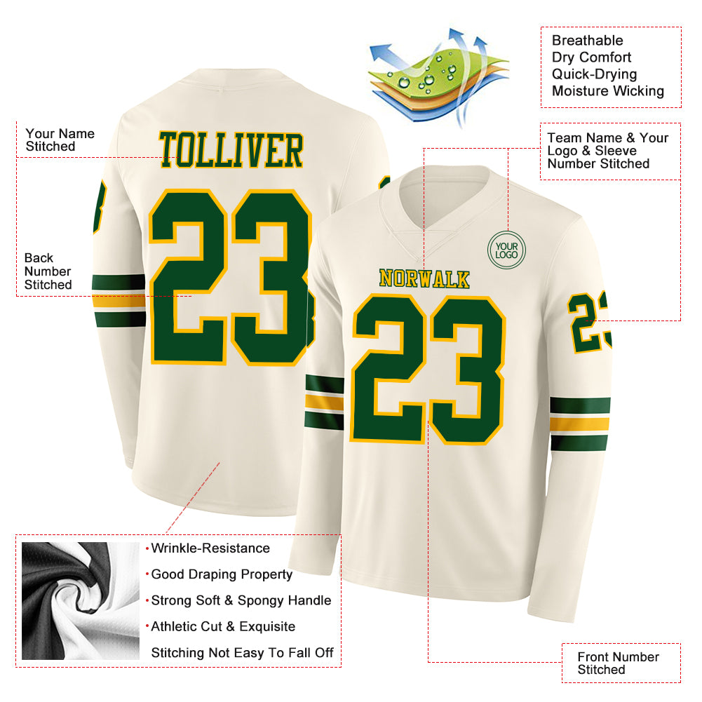 Custom Cream Green-Gold Long Sleeve Authentic Football Jersey