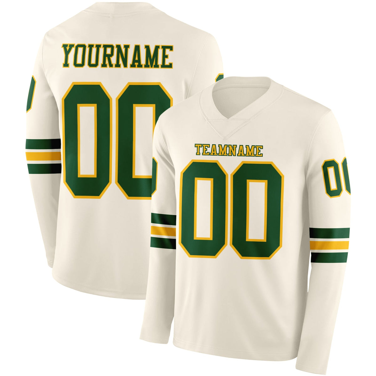 Custom Cream Green-Gold Long Sleeve Authentic Football Jersey