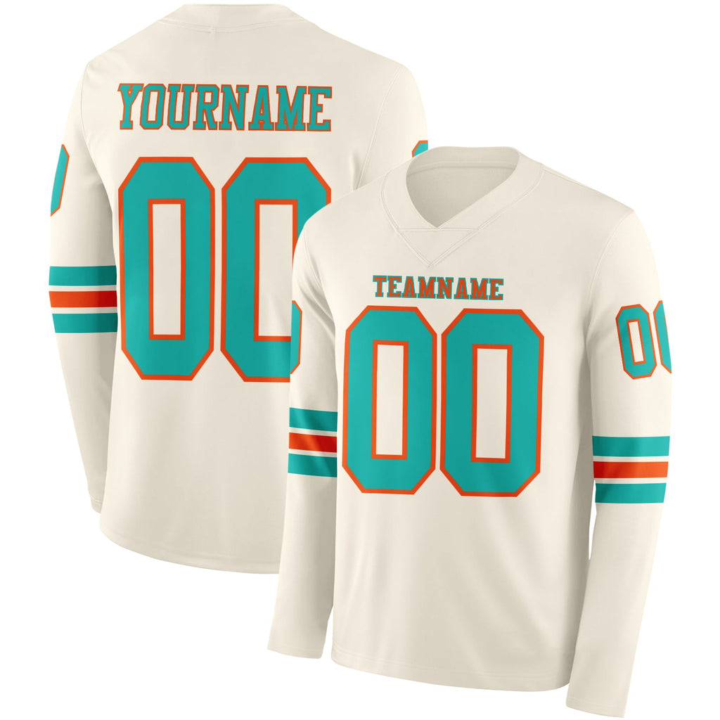 Custom Cream Aqua-Orange Long Sleeve Authentic Football Jersey