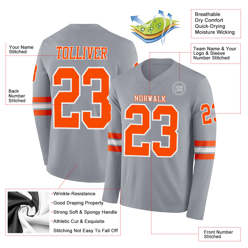 Custom Gray Orange-White Long Sleeve Authentic Football Jersey