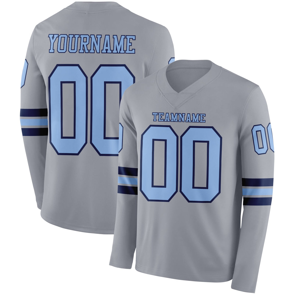 Custom Gray Light Blue-Navy Long Sleeve Authentic Football Jersey