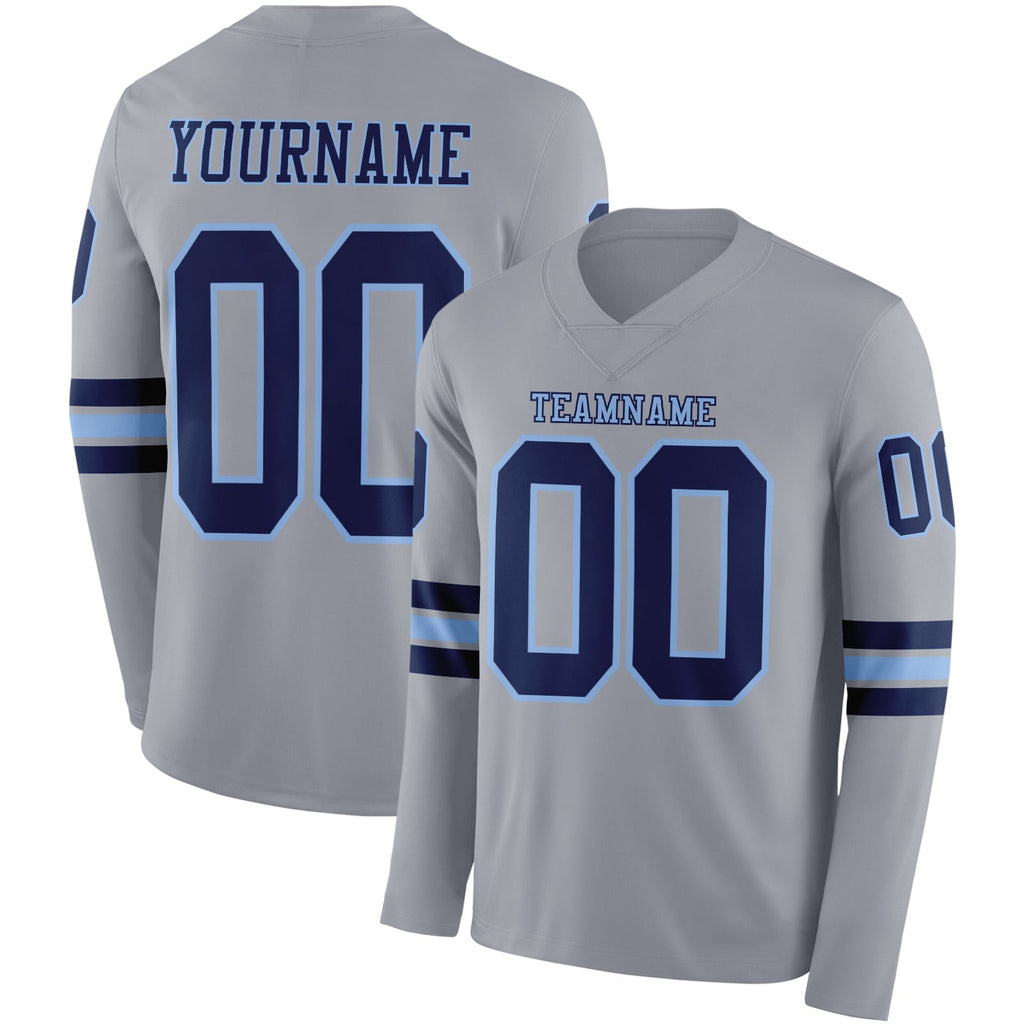 Custom Gray Navy-Light Blue Long Sleeve Authentic Football Jersey