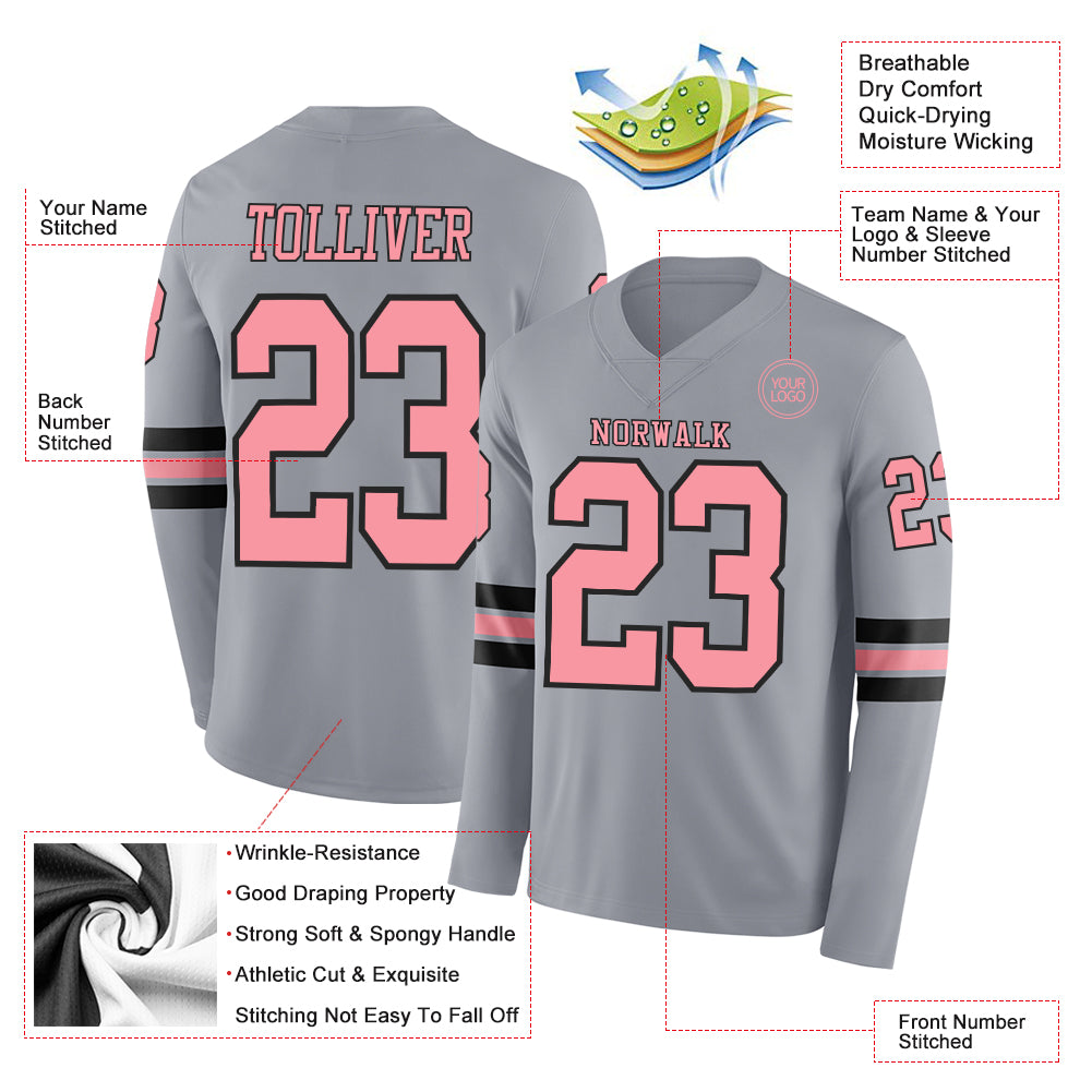 Custom Gray Medium Pink-Black Long Sleeve Authentic Football Jersey