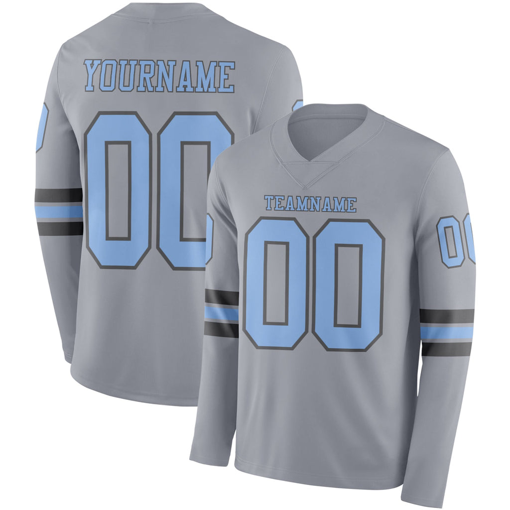 Custom Gray Light Blue-Steel Gray Long Sleeve Authentic Football Jersey