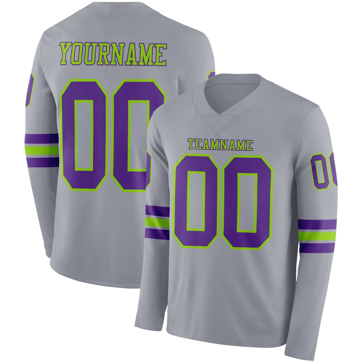 Custom Gray Purple-Neon Green Long Sleeve Authentic Football Jersey