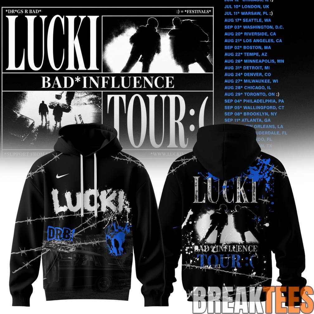 Lucki Bad Influence Tour 2026 Deep Blue Barbed Hoodie