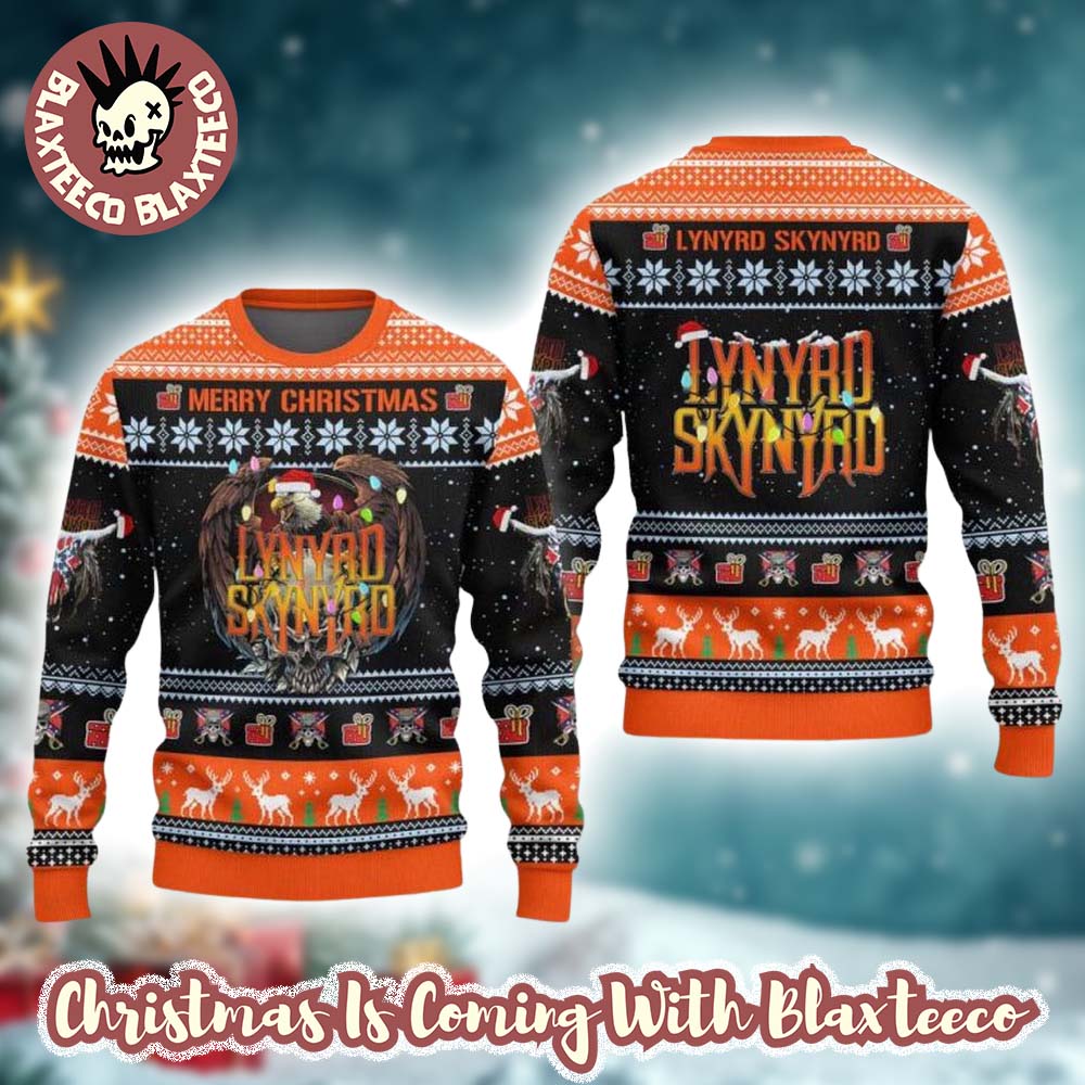 Lynyrd Skynyrd Merry Christmas Eagle And Big Logo Xmas Lights 2025 Ugly Christmas Sweater