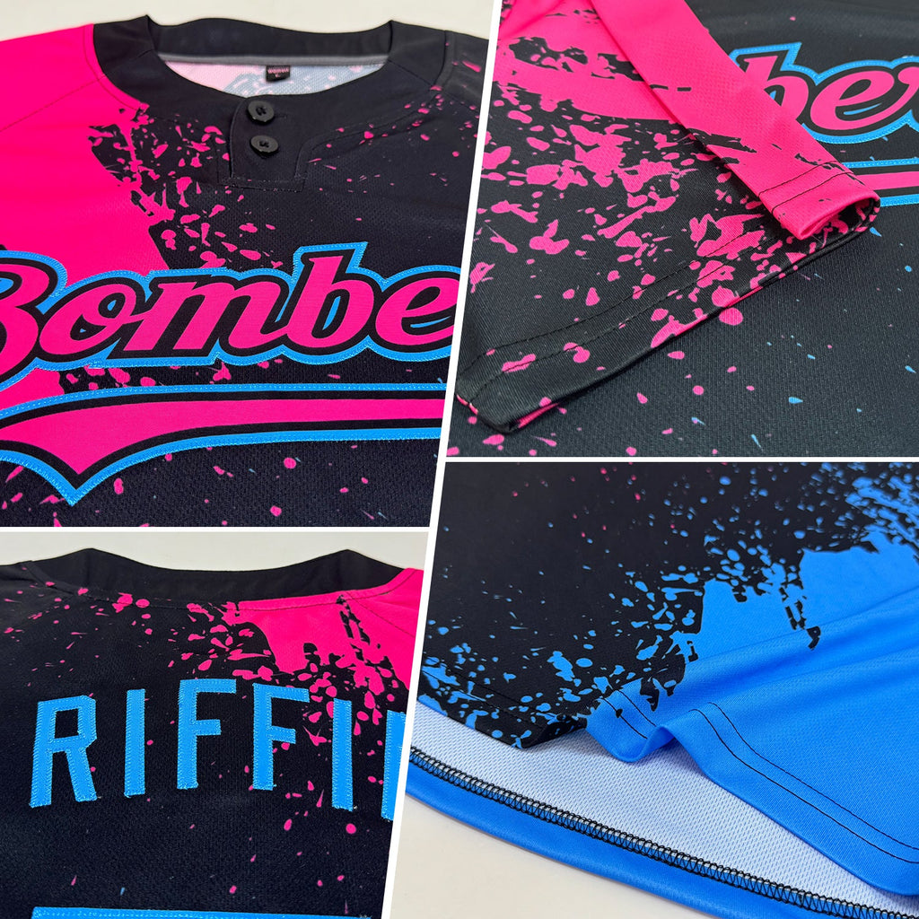 Custom Black Pink-Sky Blue 3D Pattern Abstract Brush Stroke Two-Button Unisex Softball Jersey