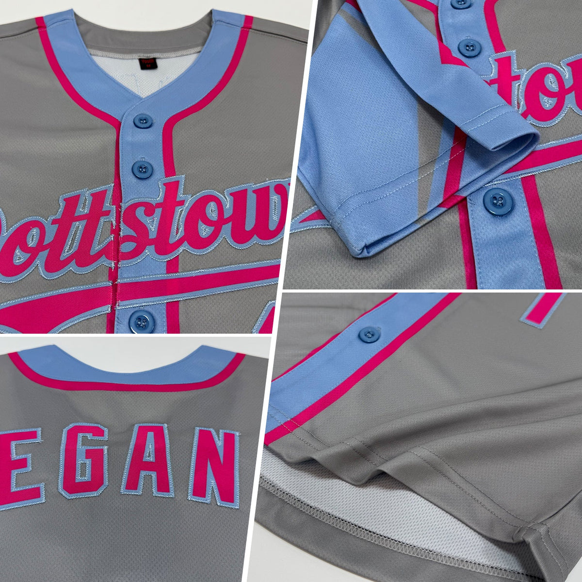 Custom Gray Pink-Light Blue 3 Colors Arm Shapes Authentic Baseball Jersey
