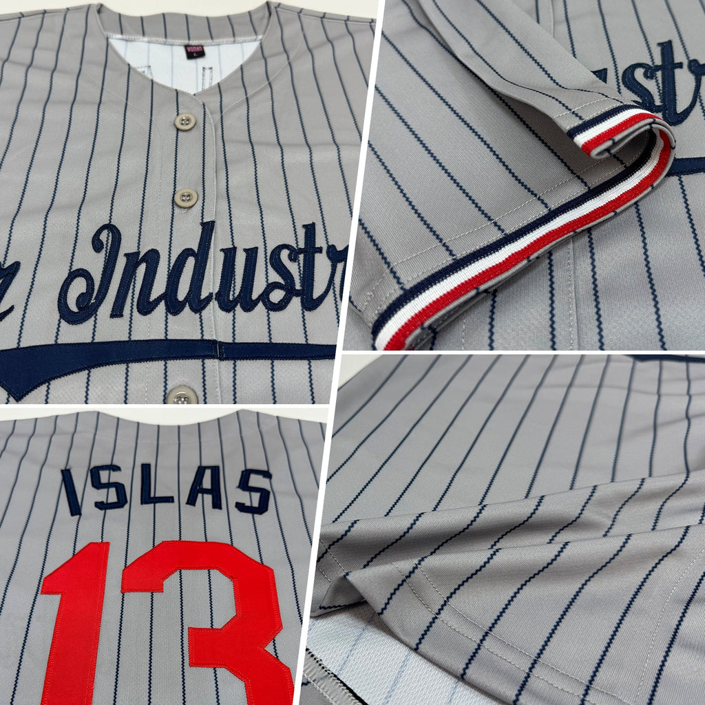 Custom Gray Navy Pinstripe Red-White Authentic Baseball Jersey