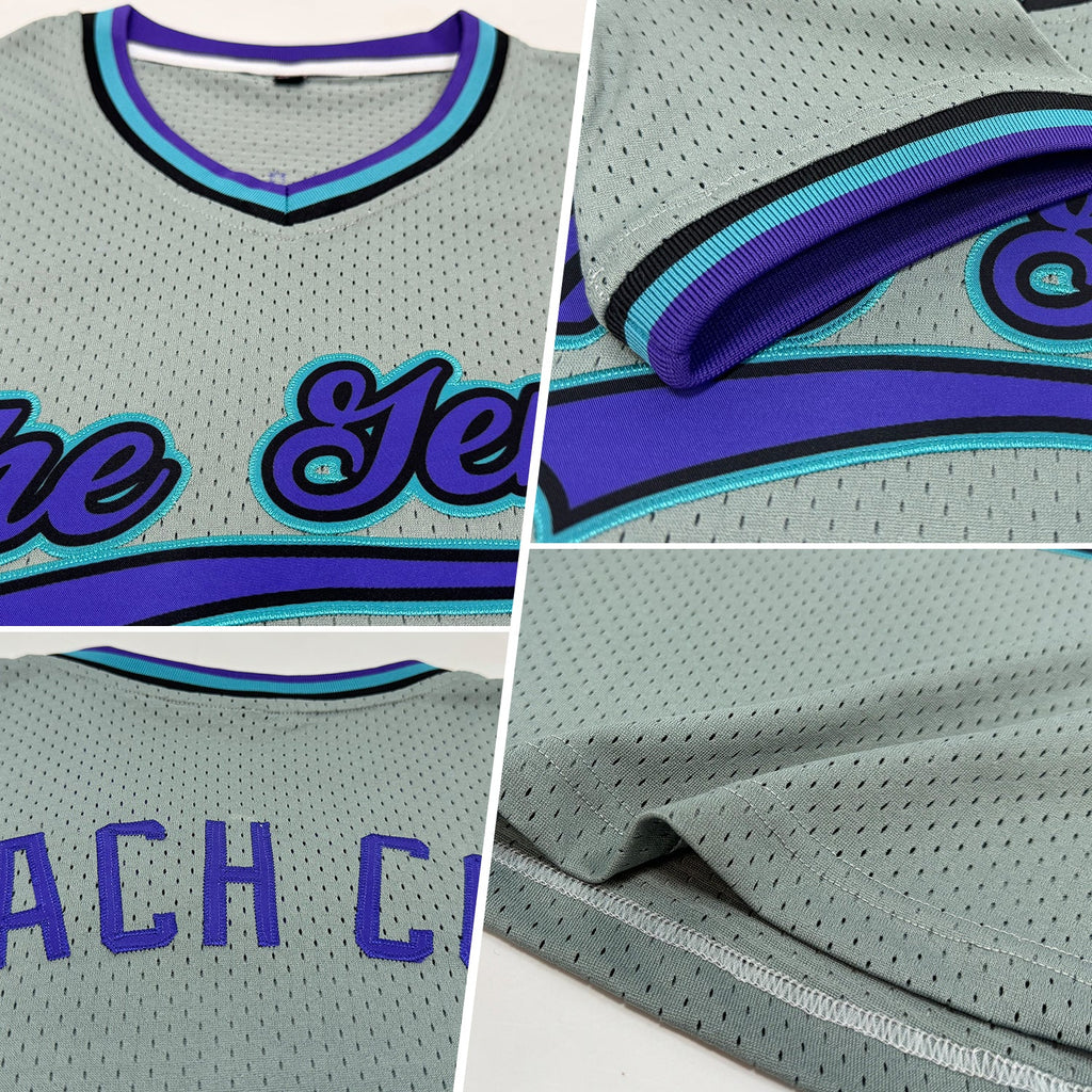 Custom Gray Purple Black-Teal Authentic Throwback Baseball Jersey