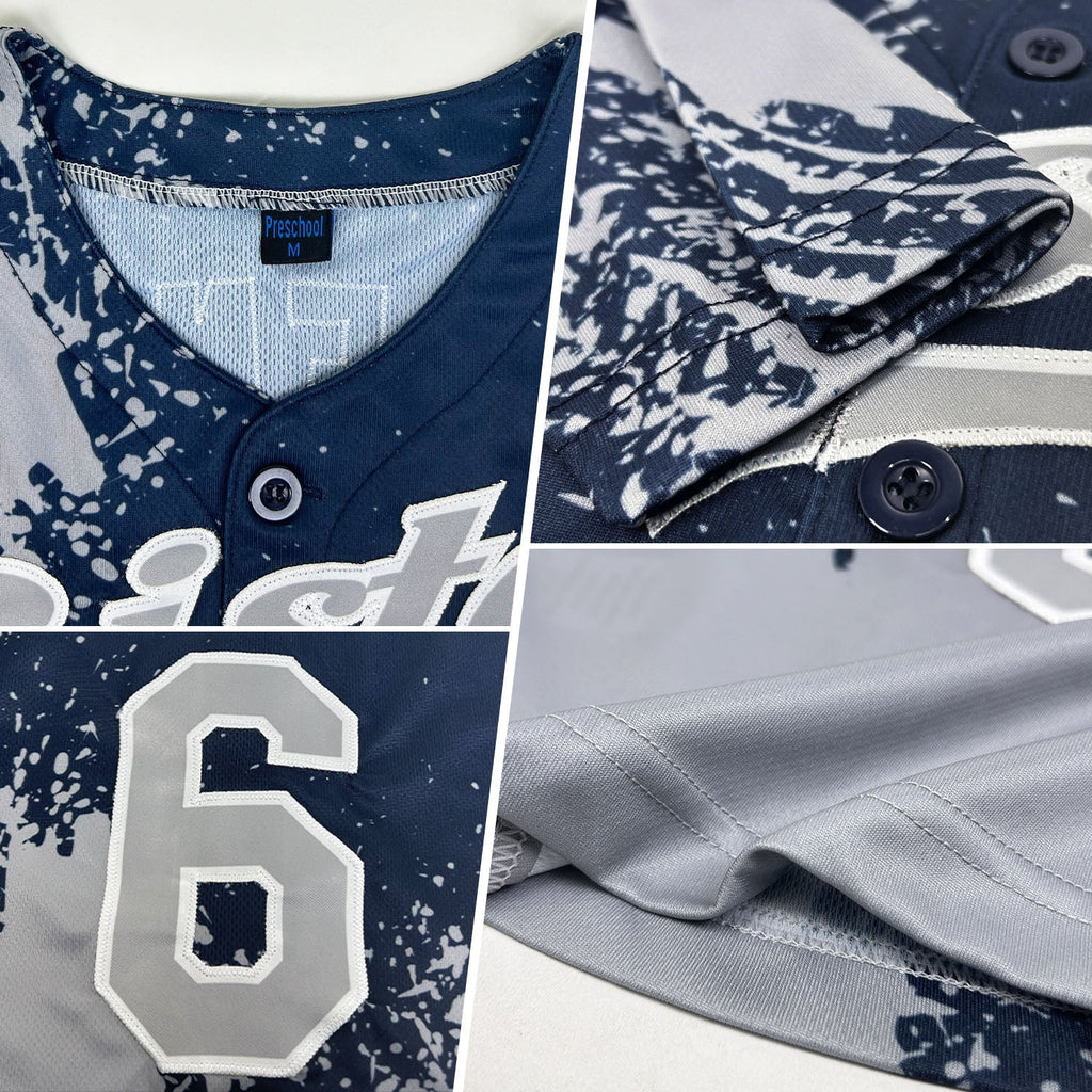 Custom Gray Navy-White 3D Pattern Design Abstract Brush Stroke Authentic Baseball Jersey