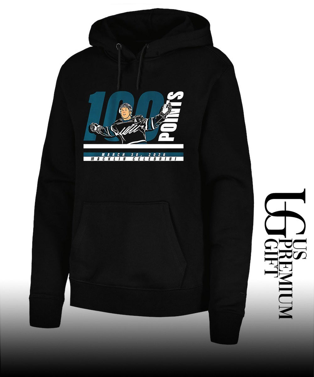 Macklin Celebrini 100 points San Jose Sharks NHL 2026 signature shirt