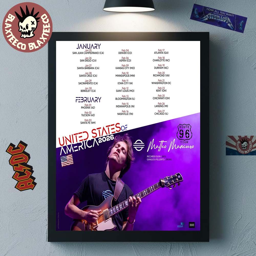 Matteo Mancuso Route 96 United States Of America 2026 Tour Schedule Dates Poster Canvas