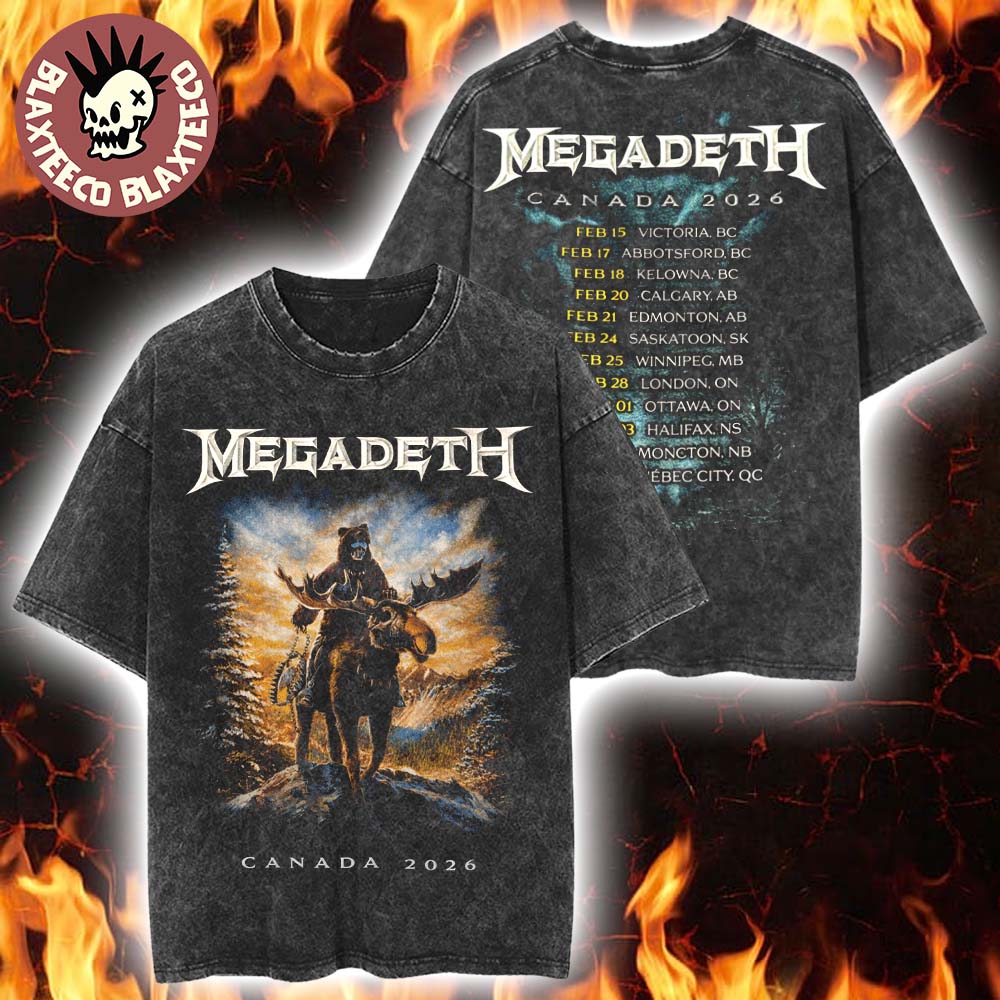 Megadeth Canada 2026 Tour Merch Vic Rattlehead Riding Reindeer With Dates Back Vintage Washed T-Shirt
