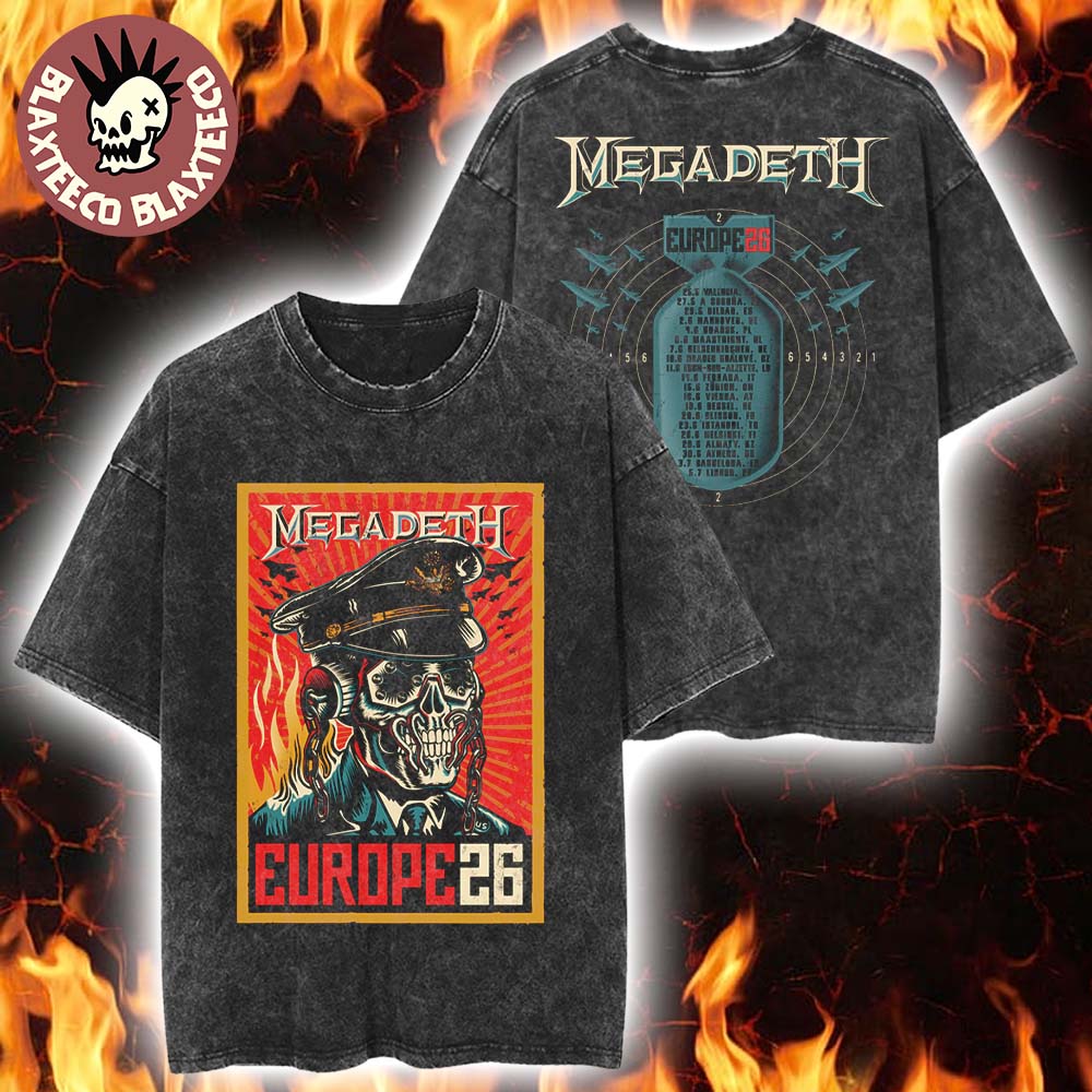 Megadeth Europe 2026 Tour Merch Commander Vic Over Europe Vintage Washed Tee