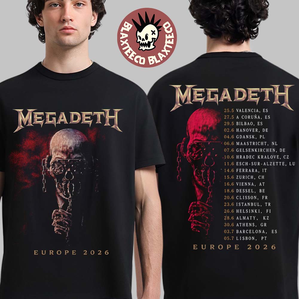 Megadeth Europe 2026 Tour Merch Vic Rattlehead With Dates T-Shirt