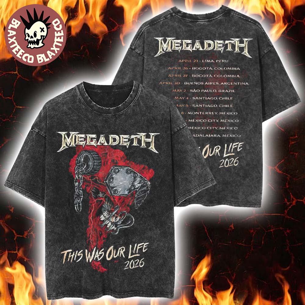 Megadeth This Was Our Life 2026 Latin America Tour Merch Red Vic Rattlehead Metal Collapse With Dates Back Retro Washed Tee