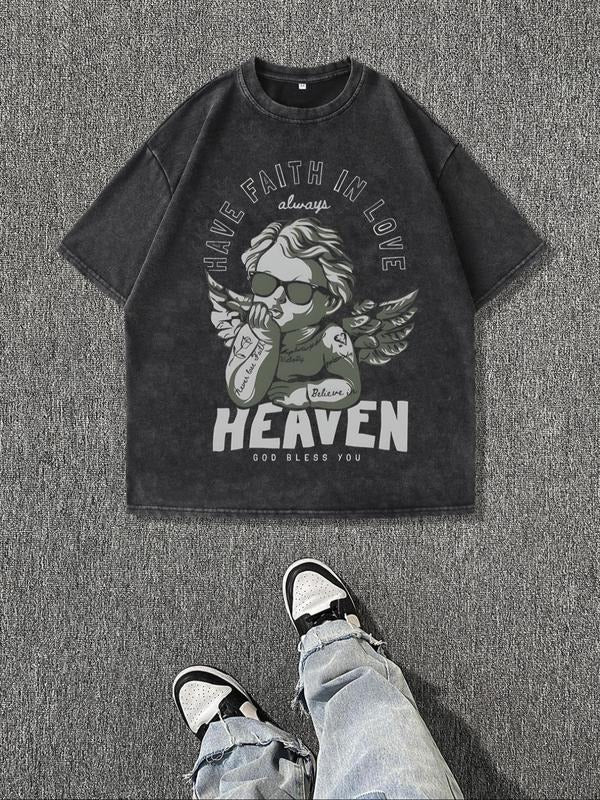 Men'WB shield Angel Wings & Letter Print Round Neck Tee, Regular Fit Casual Short Sleeve Crew Neck T-Shirt for Summer, Fashion Men'WB shield Top for Daily Wear, Tropical, Cotton
