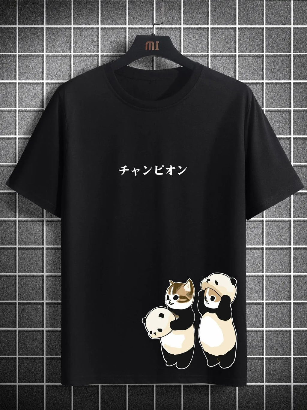 Men'WB shield Cartoon Cat & Japanese Character Print Round Neck Tee, Casual Short Sleeve T-Shirt for Summer, Men'WB shield Top for Daily Wear, Summer TNF