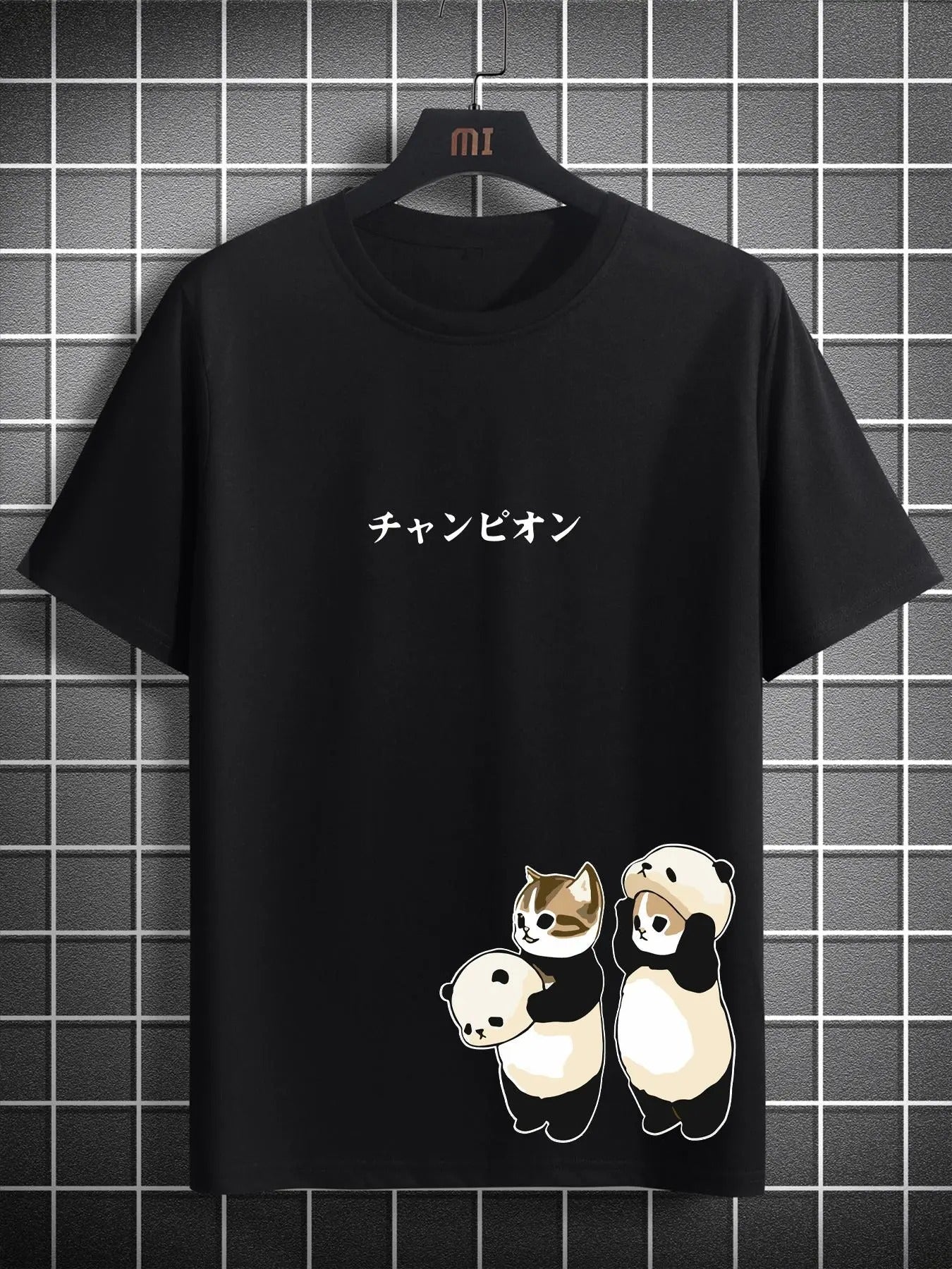 Men'WB shield Cartoon Cat & Japanese Character Print Round Neck Tee, Casual Short Sleeve T-Shirt for Summer, Men'WB shield Top for Daily Wear, Summer TNF