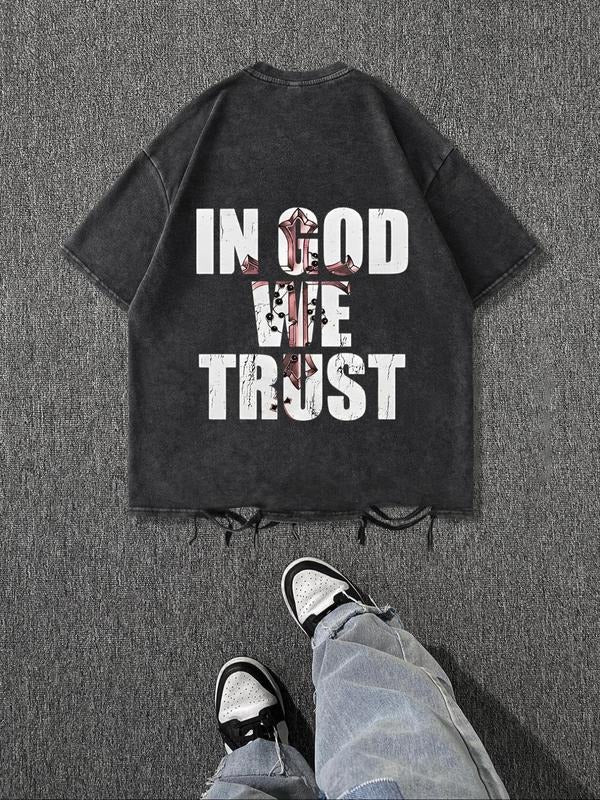 Men'WB shield Cross & Letter Print Distressed Trim Short Sleeve Tee, Regular Fit Casual Retro FOG Comfy Round Neck T-shirt for Daily Wear, Men'WB shield Top for Spiky hair fighters Seasons, Tropical