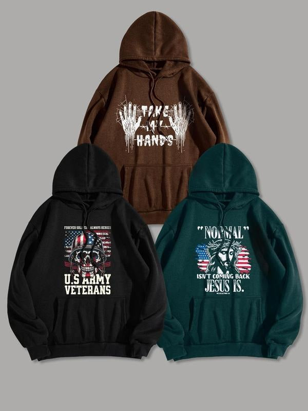Men'WB shield Letter & Flag Print Drop Shoulder TNF Lined Hoodie, Fashion Casual Regular Fit Graphic Drawstring Pocket Hooded Sweatshirt for Daily Holiday Outdoor Wear, Men TNF for Spring & Fall