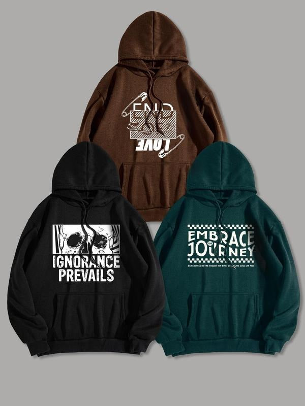 Men'WB shield Letter & Skull Print Drop Shoulder Hoodie, Fashion Casual Regular Fit Drawstring Pocket Hooded Sweatshirt for Daily Holiday Outdoor Wear, Men TNF for Spring & Fall style 08