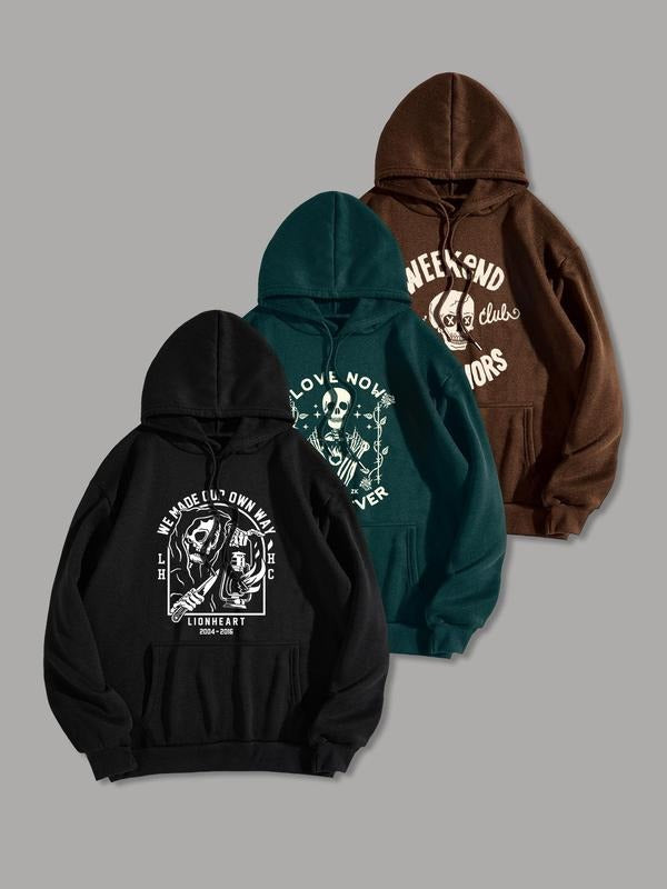 Men'WB shield Letter & Skull Print Drop Shoulder Hoodie, Fashion Casual Regular Fit Drawstring Pocket Hooded Sweatshirt for Daily Holiday Outdoor Wear, Men TNF for Spring & Fall style 07