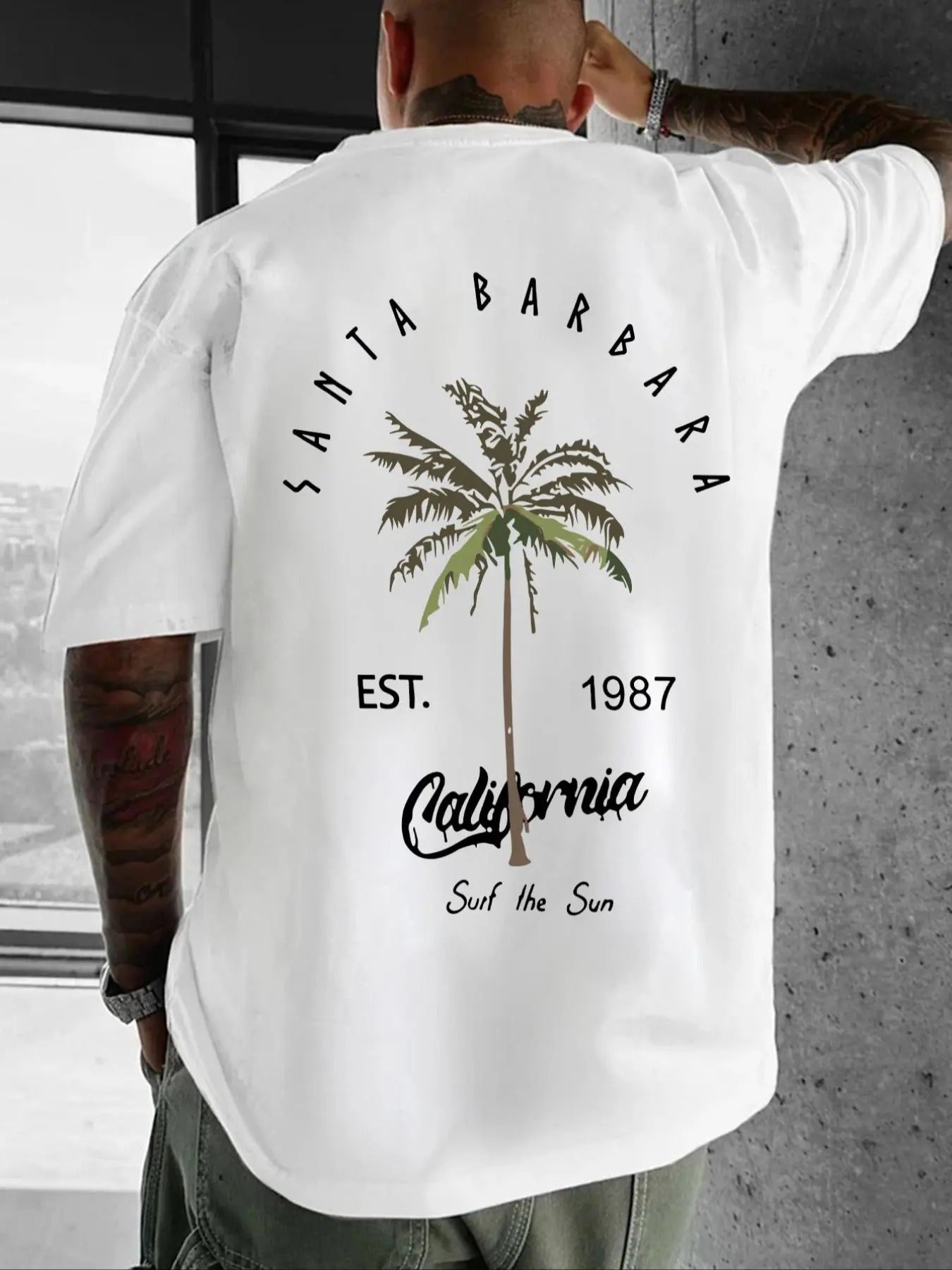 Men'WB shield Letter & Tree Print Round Neck Tee, Loose Casual Short Sleeve Drop Shoulder T-shirt, Menswear, Crewneck Shortsleeve Tshirt, Streetwear