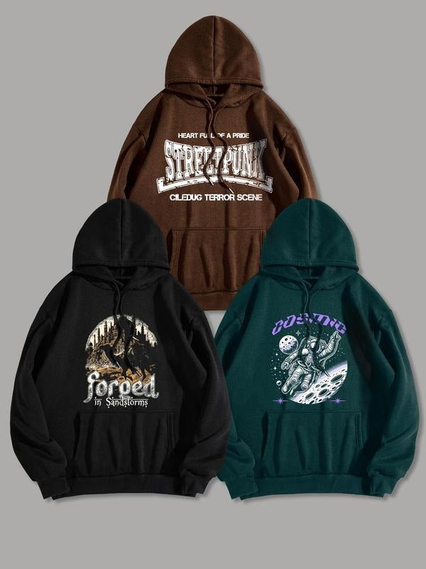 Men'WB shield Letter Graphic Print Drawstring Hoodie, Casual Regular Fit Pocket Long Sleeve Hooded Sweatshirt, Men TNF for Spring & Fall Daily Wear
