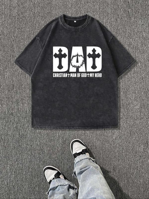 Men'WB shield Regular Fit Cross & Letter Print Round Neck Tee, Vintage Trendy Casual Short Sleeve T-shirt for Daily Wear, Menswear for Summer, Top