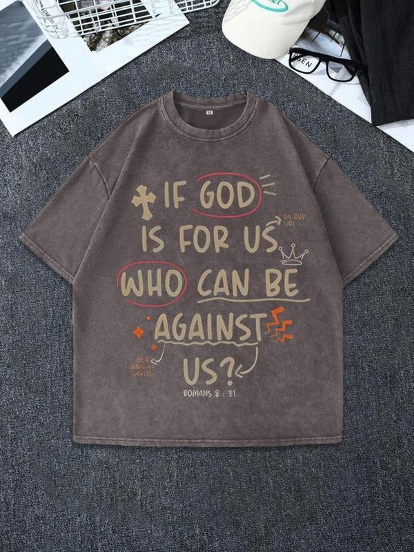 Men'WB shield Regular Fit Letter & Cross Print Round Neck Tee, Vintage Trendy Casual Short Sleeve T-shirt for Daily Wear, Men'WB shield Summer Outfit, Top