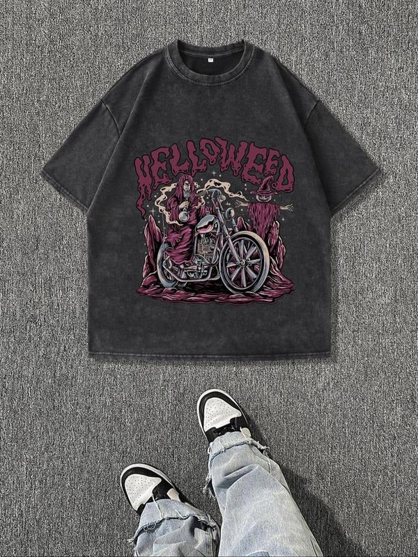 Men'WB shield Regular Fit Motorcycle & Letter Print Round Neck Graphic Tee, Vintage Trendy Casual Short Sleeve T-shirt for Daily Wear, Ladies Summer Outfit, Top