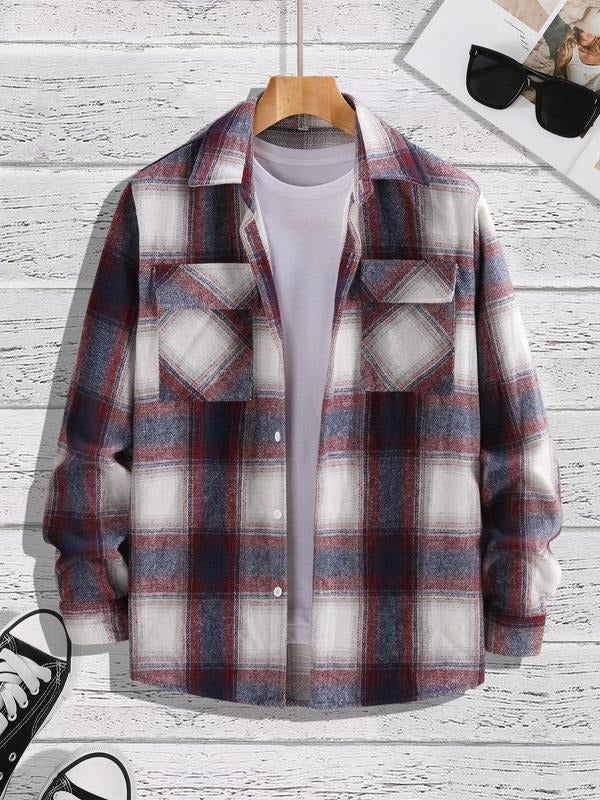 Men'WB shield Regular Fit Plaid Print Button Front Pocket Shirt, Casual Long Sleeve Collared Top for Fall & Winter, Men'WB shield Long Sleeve Tops for Daily Wear