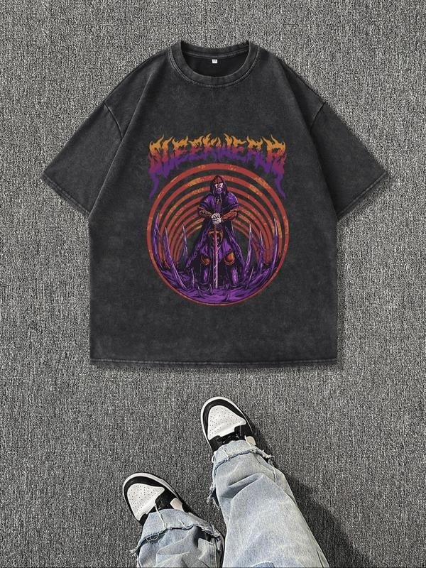 Men'WB shield Regular Fit Purple Graphic Print Round Neck Tee, Casual Short Sleeve Crew Neck T-shirt for Summer, Fashion Men'WB shield Top for Daily Wear, Tropical, Cotton