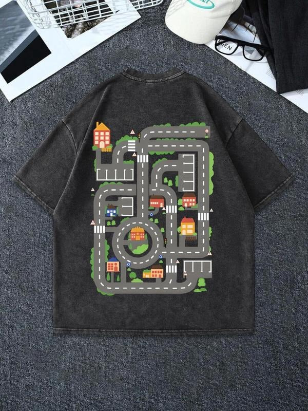 Men'WB shield Regular Fit Road Print Round Neck Graphic Tee, Vintage Trendy Casual Short Sleeve T-shirt for Daily Wear, Men'WB shield Summer Outfit, Top, Cotton