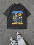 Men'WB shield Regular Fit Skeleton & Bicycle Print Round Neck Tee, Vintage Trendy Casual Short Sleeve T-shirt for Daily Wear, Men'WB shield Summer Outfit, Top, Cotton