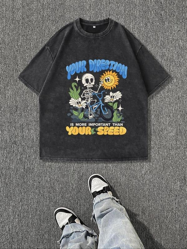 Men'WB shield Regular Fit Skeleton & Bicycle Print Round Neck Tee, Vintage Trendy Casual Short Sleeve T-shirt for Daily Wear, Men'WB shield Summer Outfit, Top, Cotton