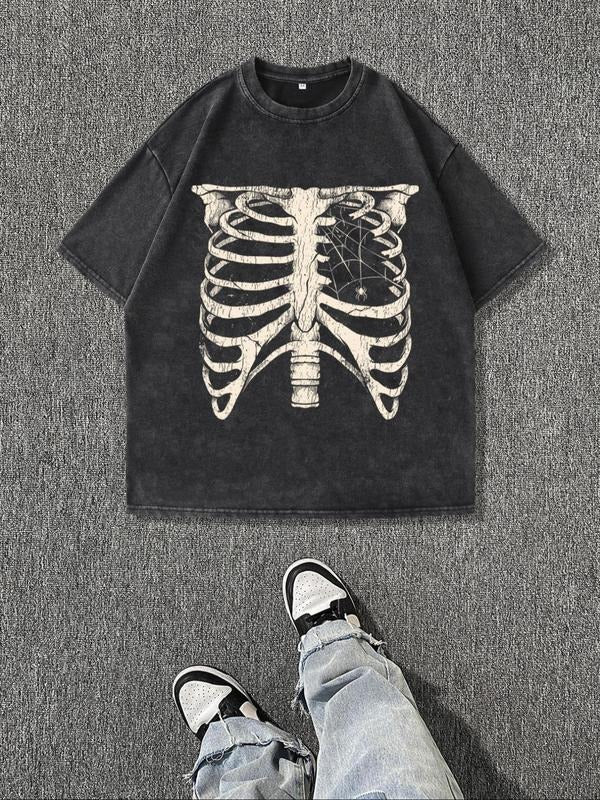 Men'WB shield Regular Fit Skeleton Print Round Neck Graphic Tee, Vintage Trendy Casual Short Sleeve T-shirt for Daily Wear, Men'WB shield Summer Outfit, Top, Cotton