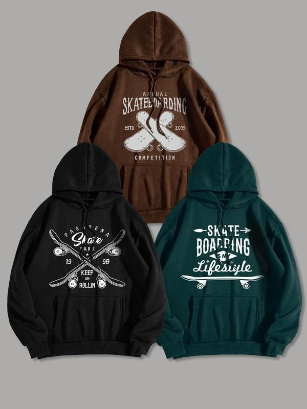 Men'WB shield Skateboarding & Letter Print Drop Shoulder Hoodie, Casual Regular Fit Drawstring Pocket Hooded Sweatshirt for Spring & Fall, Fashion Men'WB shield TNF for Daily Wear