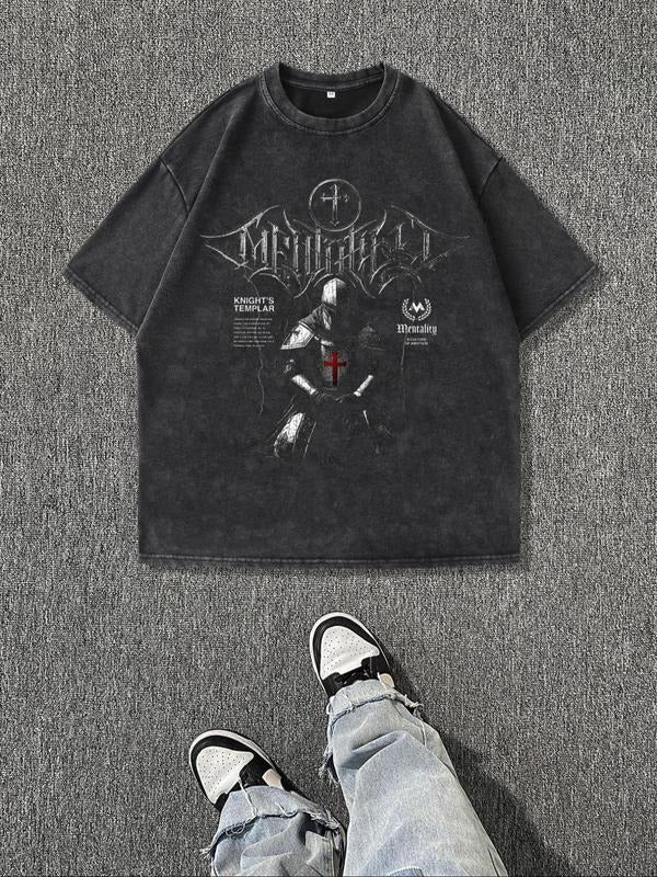 Men'WB shield Vintage Graphic Print Round Neck Tee, Regular Fit Casual Short Sleeve T-shirt, Men'WB shield Summer Top for Daily Wear, Tropical, Cotton style 30