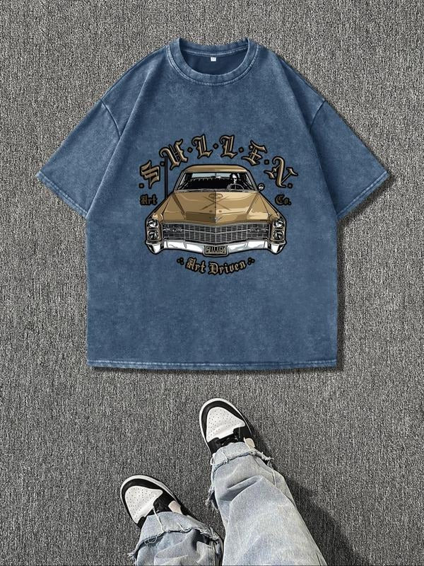 Men'WB shield Vintage Graphic Print Round Neck Tee, Regular Fit Casual Short Sleeve T-shirt, Men'WB shield Summer Top for Daily Wear, Tropical, Cotton style 51