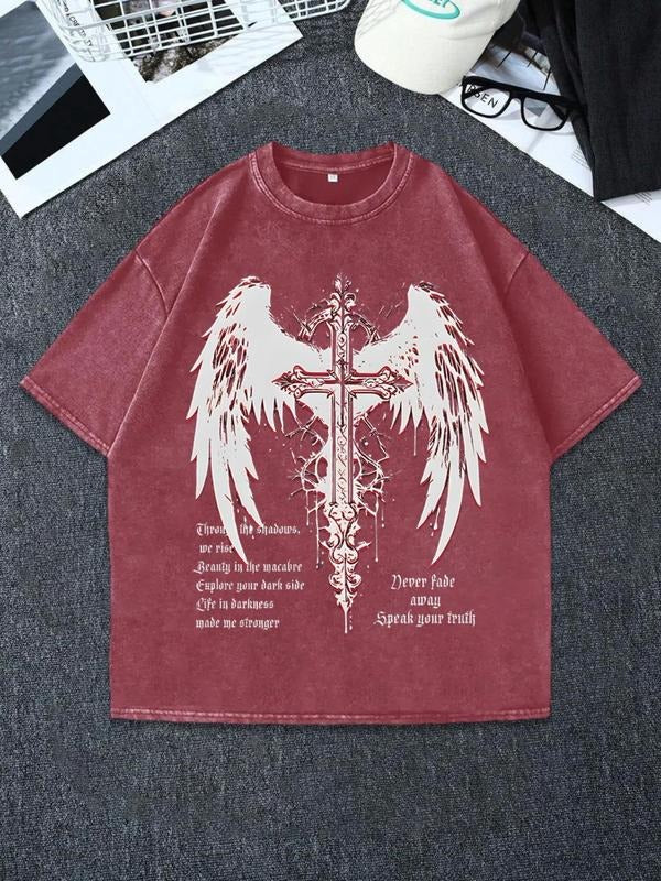 Men'WB shield Wing & Cross Print Short Sleeve Graphic Tee, Regular Fit Casual Fashion T-shirt for Summer Daily Wear, Men'WB shield TNF, Top, Cotton style 02