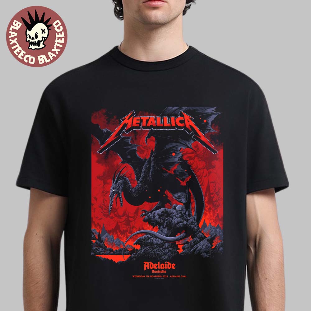 Metallica M72 Adelaide Australia Pop Up Shop Exclusive Poster By Ken Taylor At Adelaide Oval On November 5 2025 Pterosaur Art T-Shirt