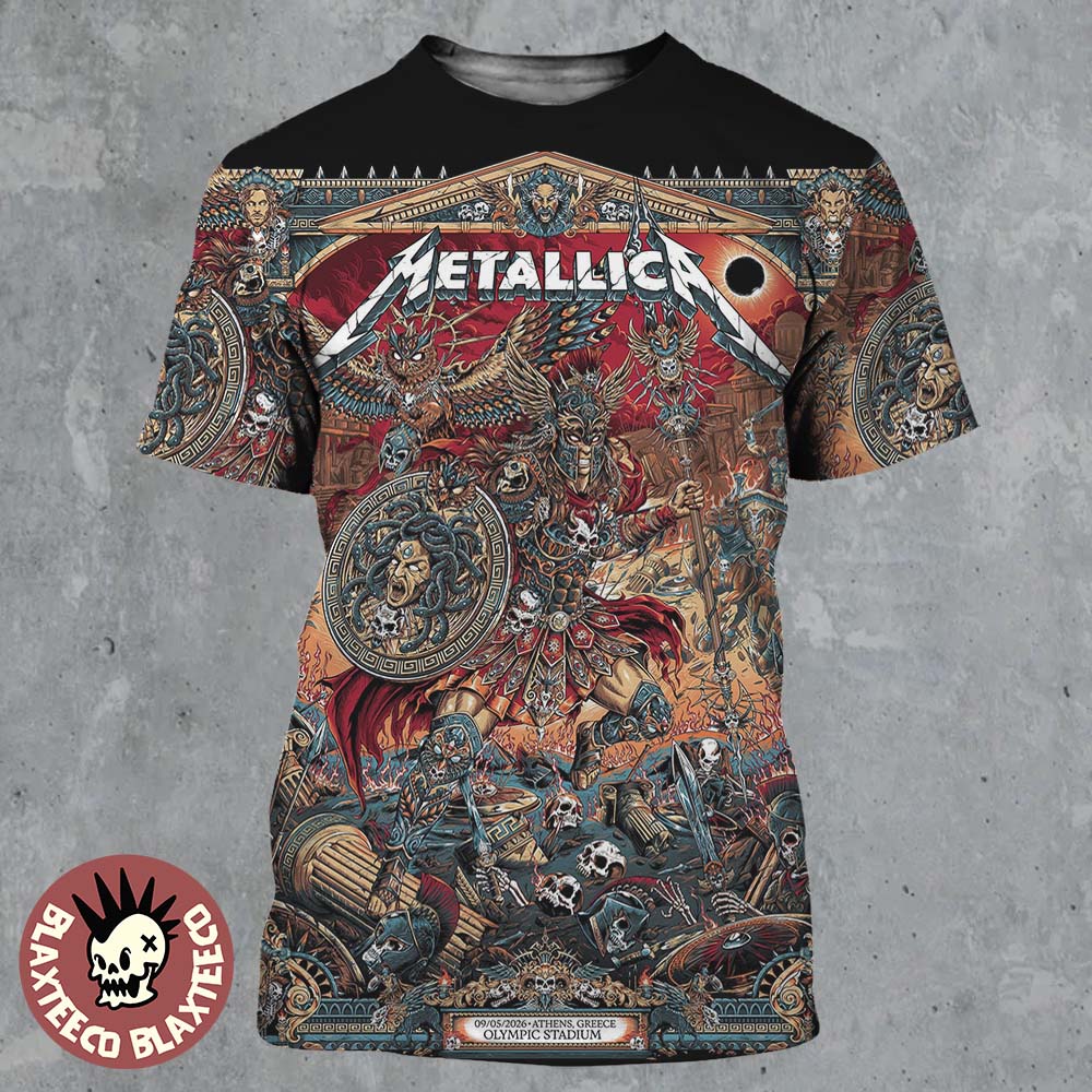 Metallica M72 Athens 2026 Pop Up Shop Poster At Greece Olympic Stadium On May 9 2026 The Warrior With Medusa Shield Art By Juan Ma Orozco All Over Print Shirt