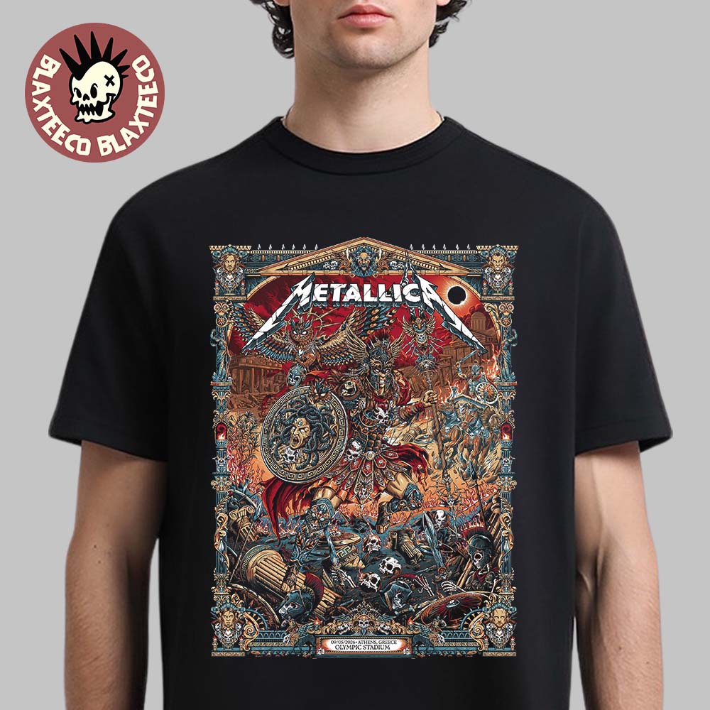 Metallica M72 Athens 2026 Pop Up Shop Poster At Greece Olympic Stadium On May 9 2026 The Warrior With Medusa Shield Art By Juan Ma Orozco T-Shirt