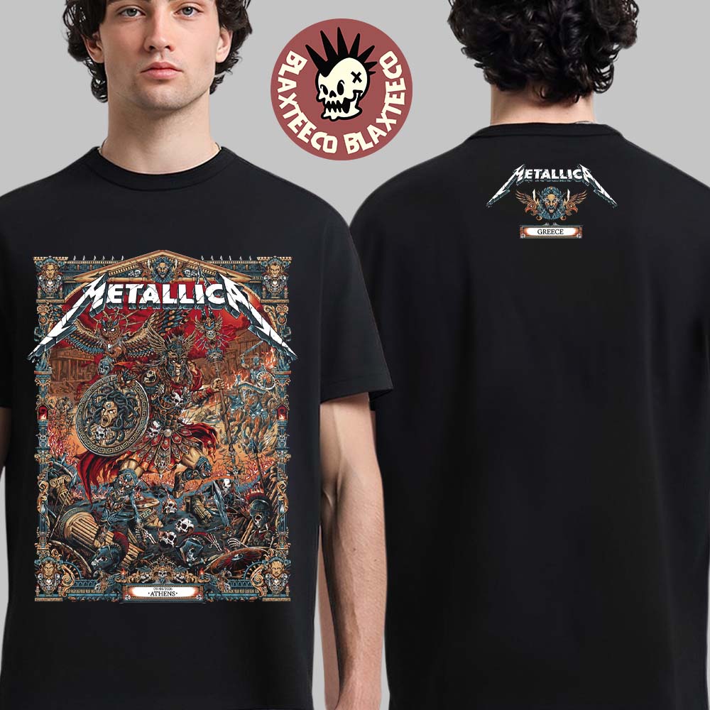 Metallica M72 Athens 2026 Venue Merch Tee At Greece Olympic Stadium On May 9 2026 The Warrior With Medusa Shield By Juan Ma Orozco Two Sided T-Shirt